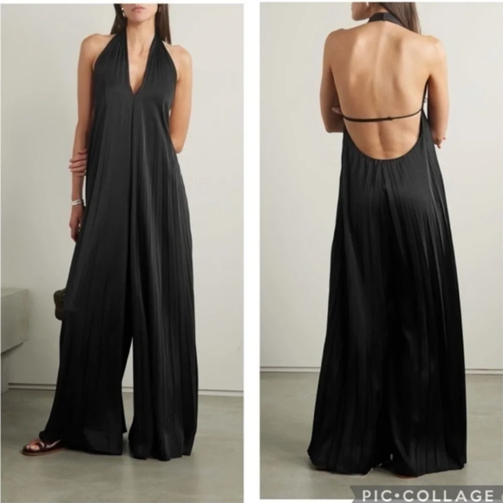 NWT A.L.C. Jumpsuit Rio Halter Pleated Wide Leg in Satin Black